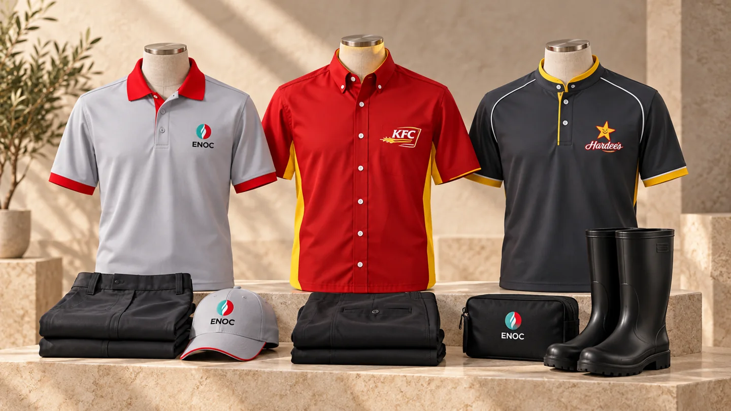 Product display of ENOC, KFC and Hardee’s uniforms with black gum boots