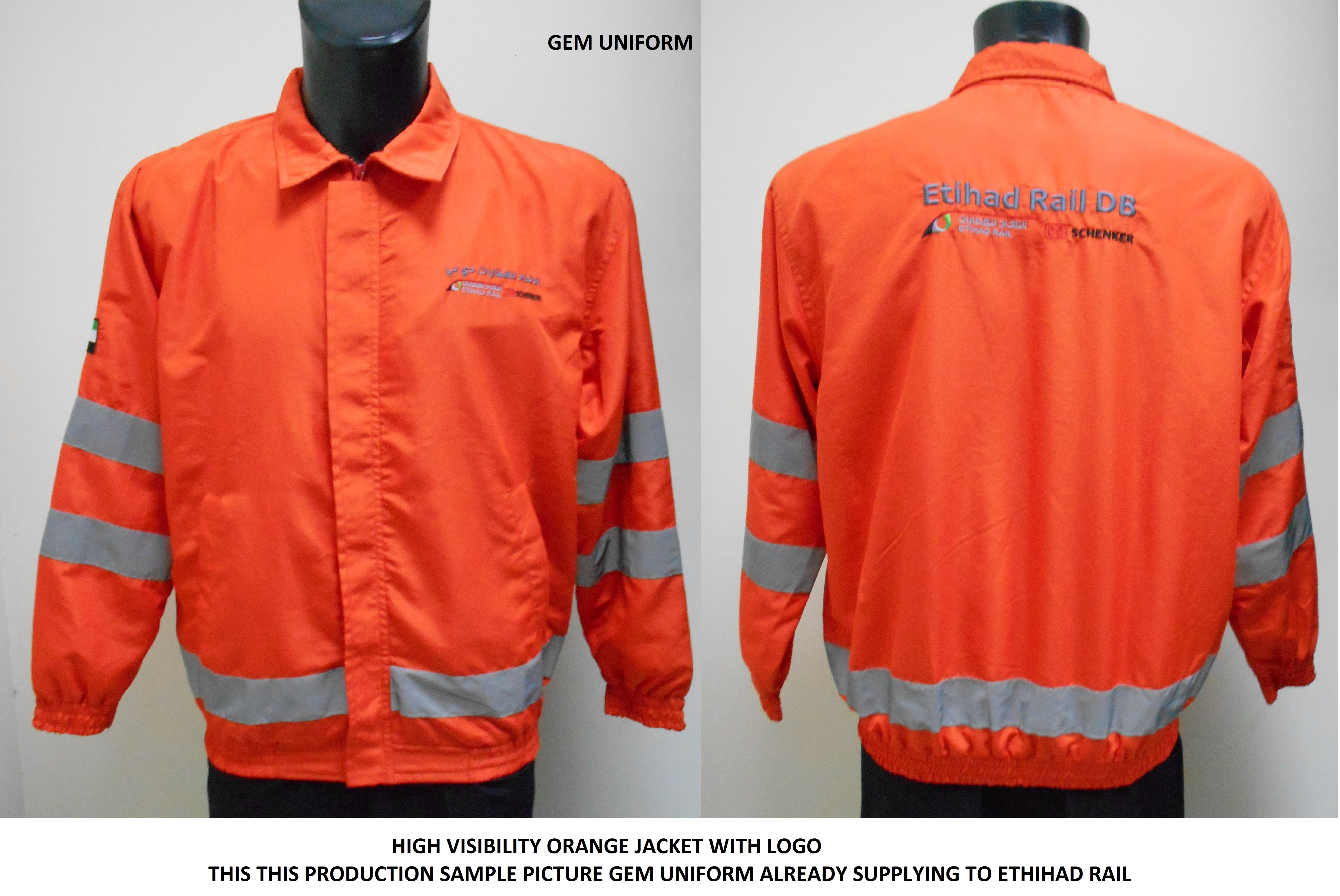 Front and back of an orange high-visibility Etihad Rail jacket
