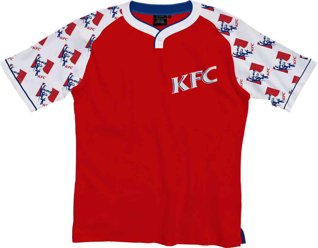 Red and white KFC branded restaurant shirt