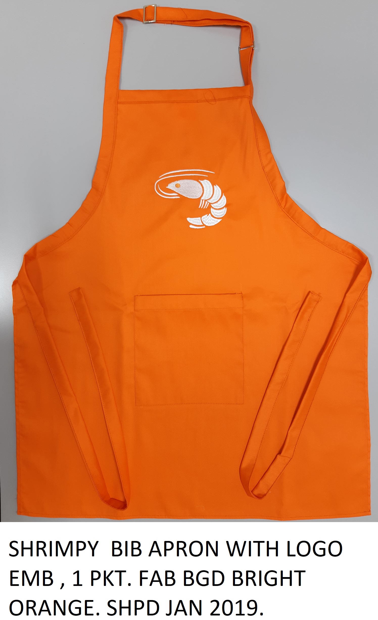 Orange Shrimpy bib apron with embroidered shrimp logo